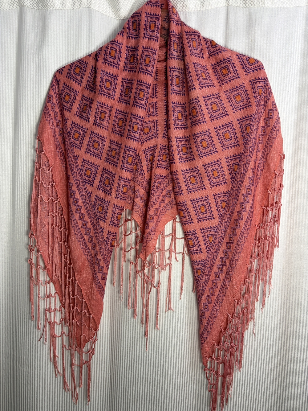 Theodora & Callum Coral Pink and Purple Diamond Knotted Fringed Wrap Scarf